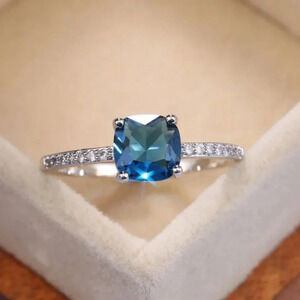 White Gold Diamond Blue Tanzanite Cushion Cut Ring